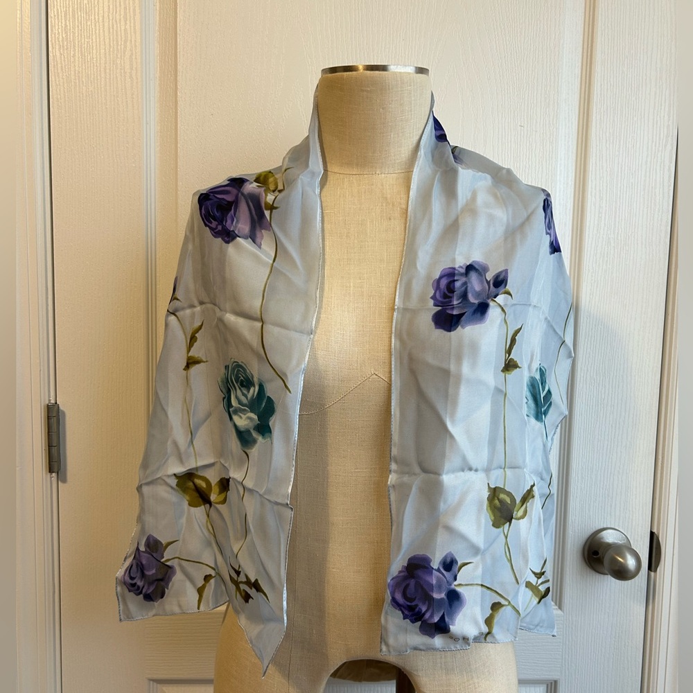 ECHO 100% Silk Oblong 51x11 Sheer Floral Roses Stripped Scarf